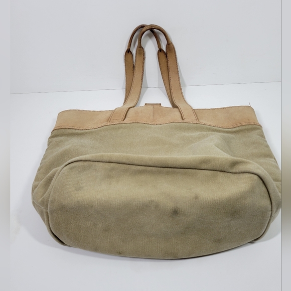 Vintage LL Bean Tan Leather Green Cotton Canvas Buckle Shoulder Bag Tote - Picture 3 of 6